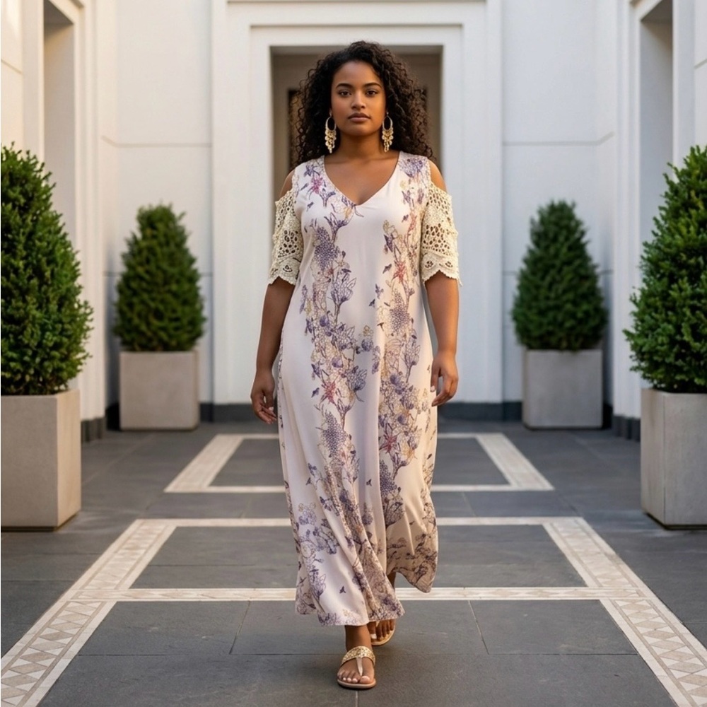 2 for $30 | Cream Floral Cold-Shoulder Maxi Dress with Crochet Sleeves
